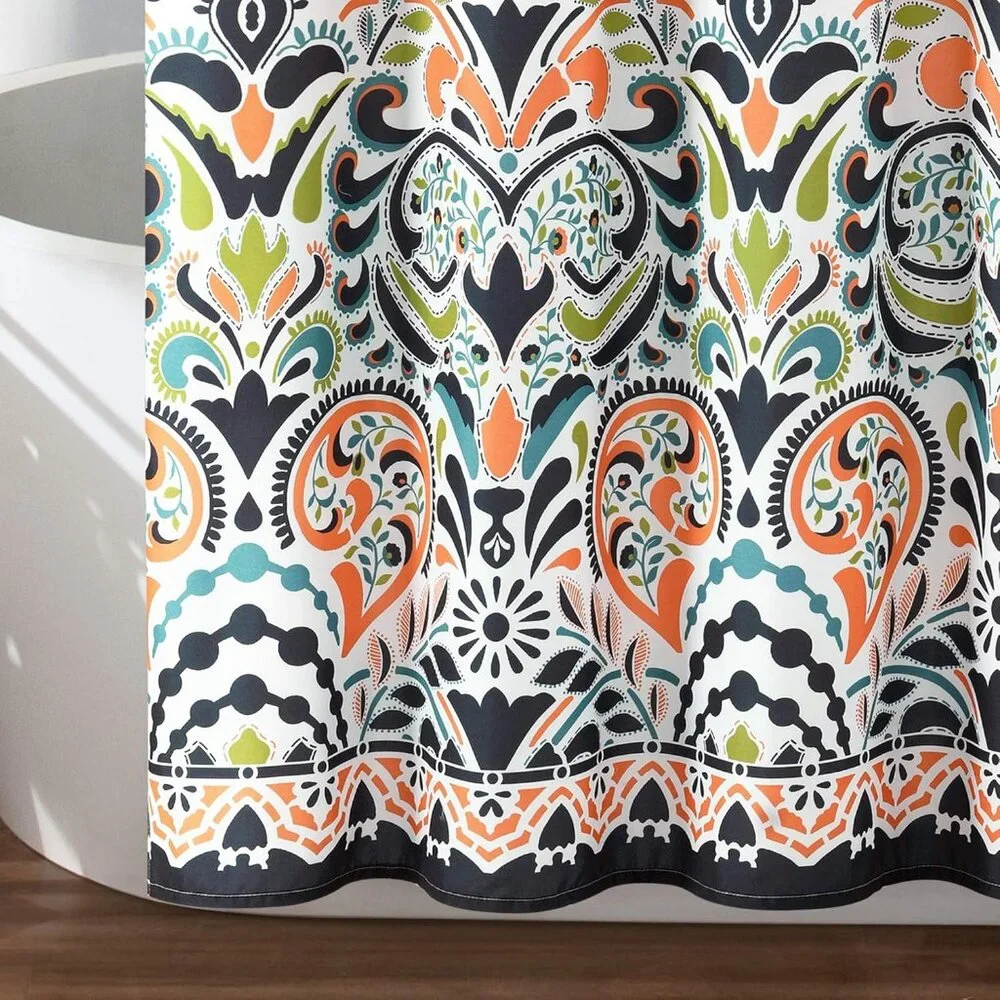 Boho Bohemian Moroccan Design Navy Orange Fabric Luxe Shower Curtain NEW PACKAGE